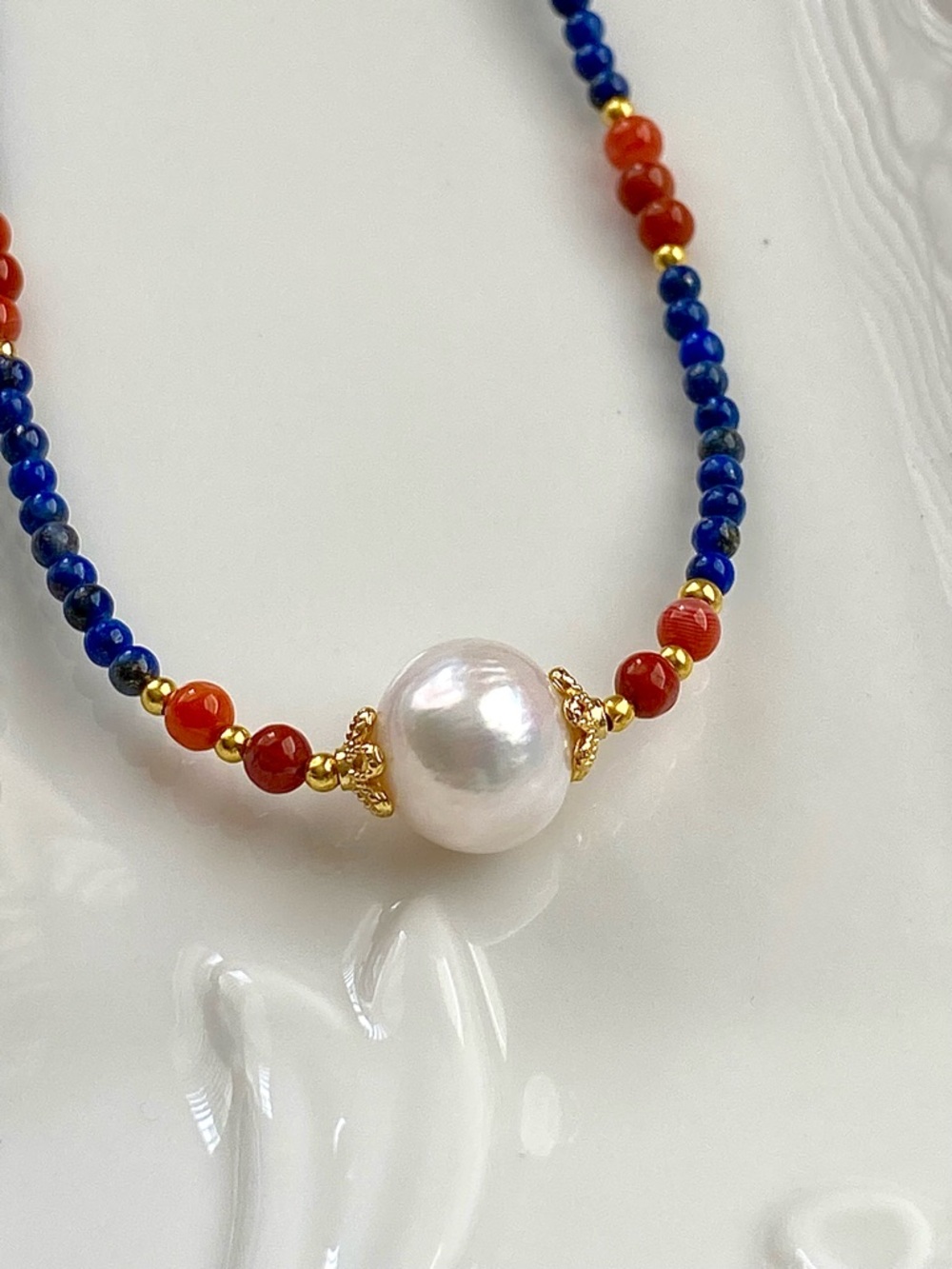 GP59-Lapis Lazuli, Red Agate And Edison Pearl Necklace - Picture 10 of 15